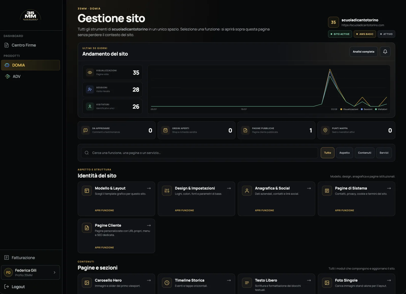 Area clienti DOMIA di 35MM Produzioni per siti e spazi digitali su infrastruttura AWS