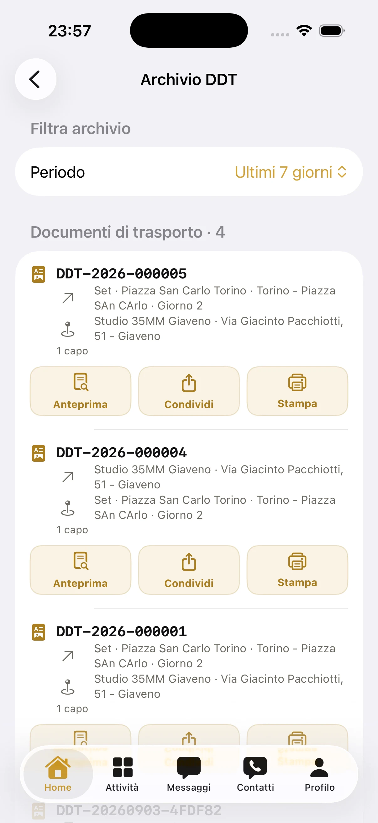App 35MM su iPhone con archivio dei documenti di trasporto e azioni di anteprima, condivisione e stampa