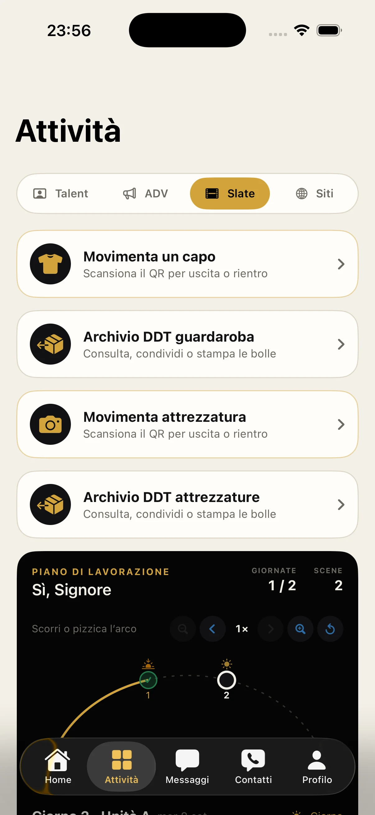 App 35MM su iPhone con attività SLATE, movimentazione capi e attrezzature, archivi DDT e piano di lavorazione
