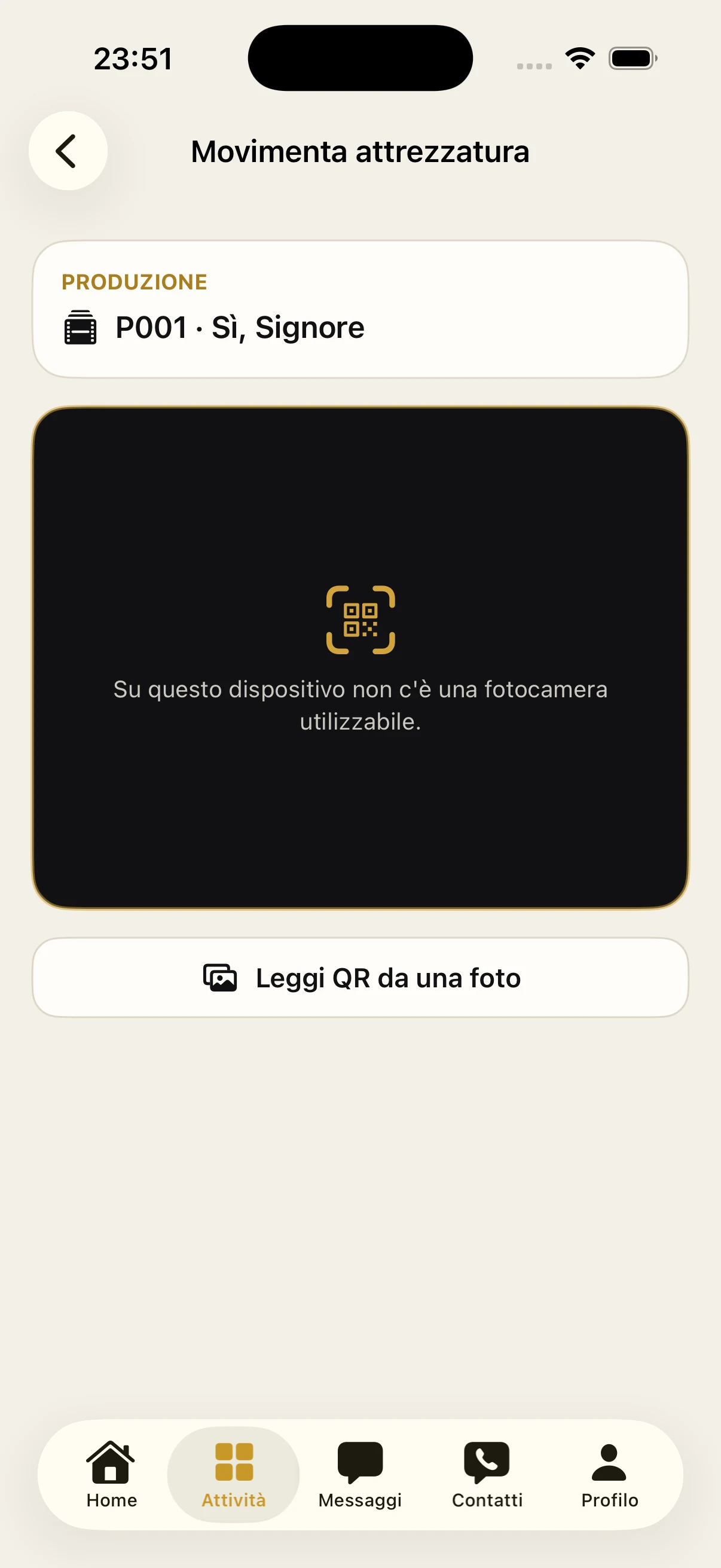 App 35MM su iPhone nella funzione per scansionare il QR e movimentare un’attrezzatura