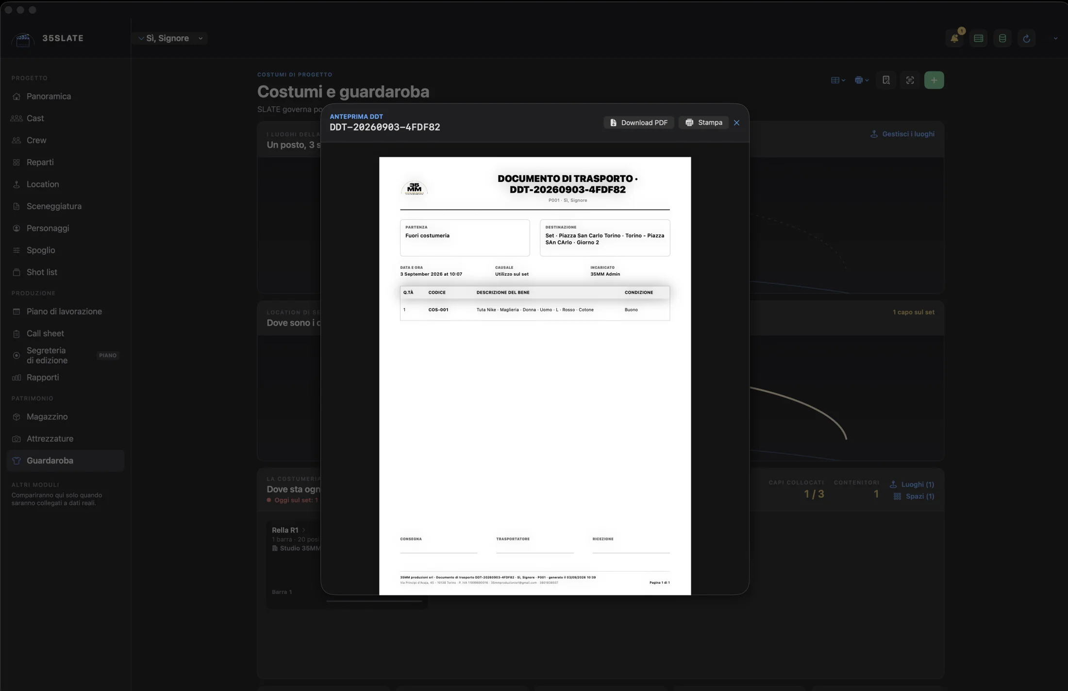 Anteprima di un documento di trasporto del guardaroba generato da 35SLATE