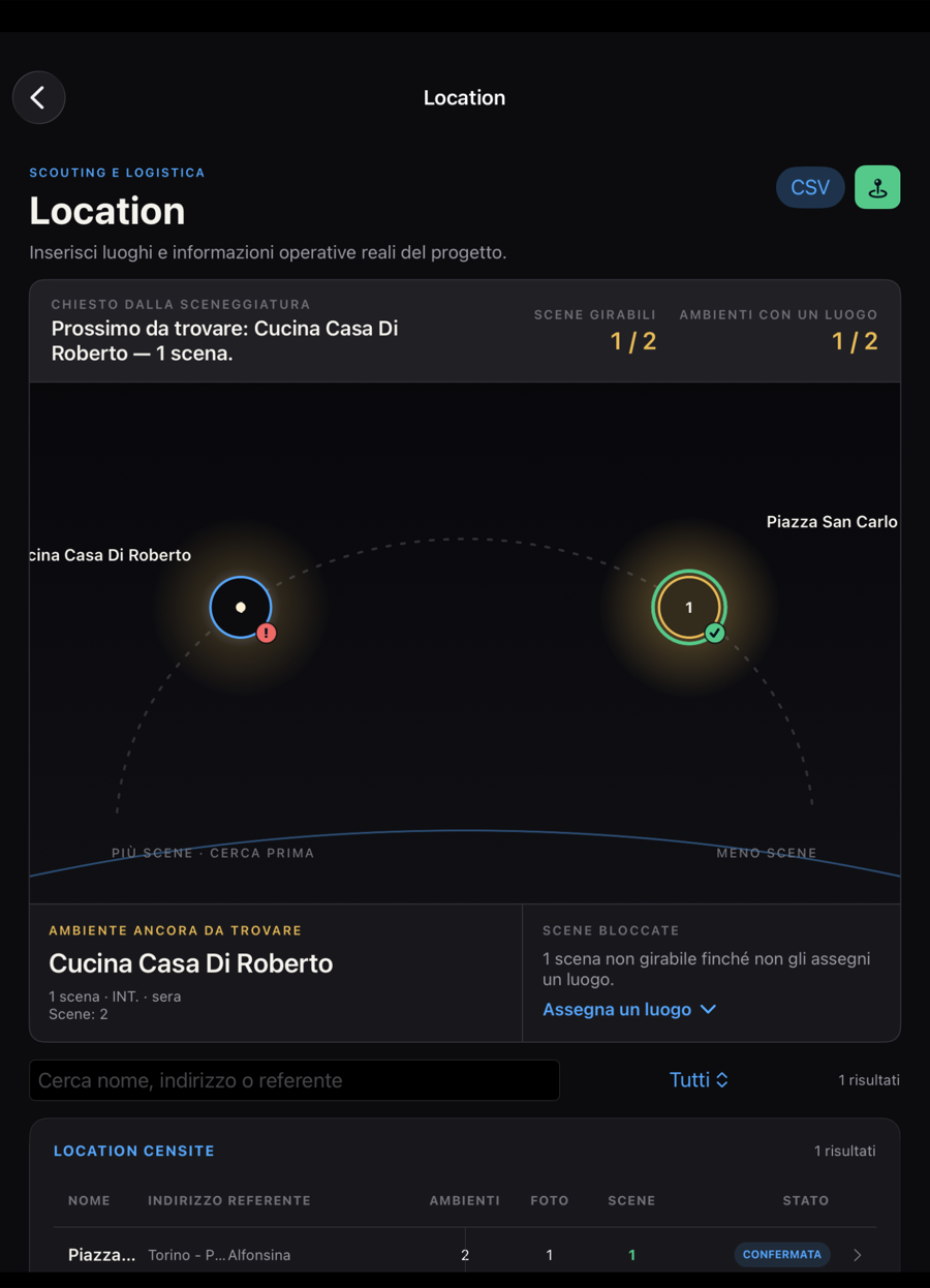 Schermata Location di 35SLATE con luoghi censiti e ambienti da assegnare alle scene