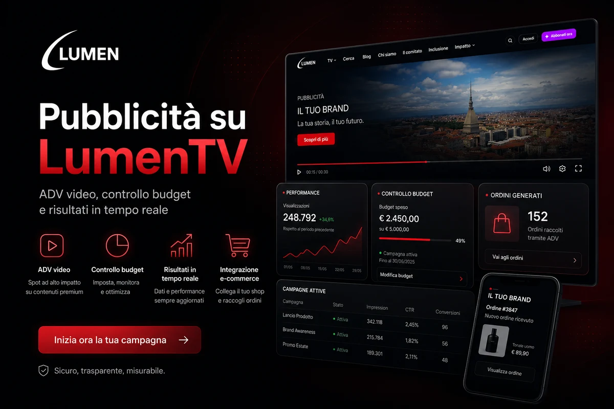 Pubblicità video su LumenTV con caricamento ADV, calendario uscita, budget massimo e risultati in tempo reale